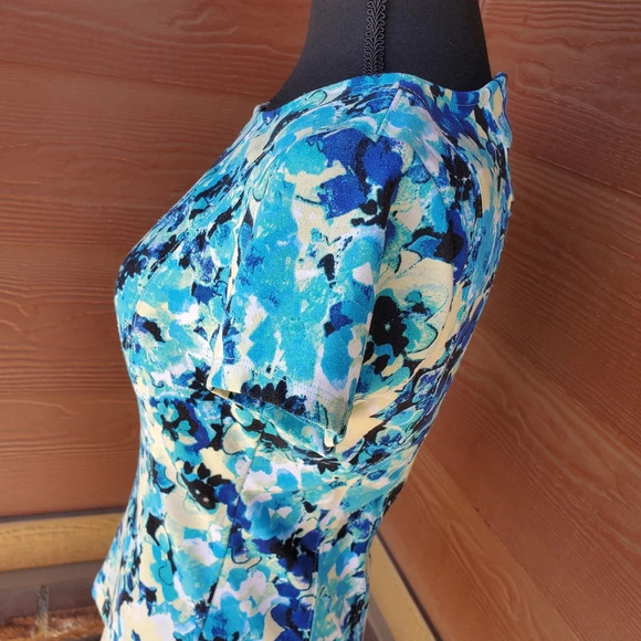 Ann Taylor Women's Size Small Floral Blouse Teal Blue Yellow Back Zip Top - Picture 6 of 9